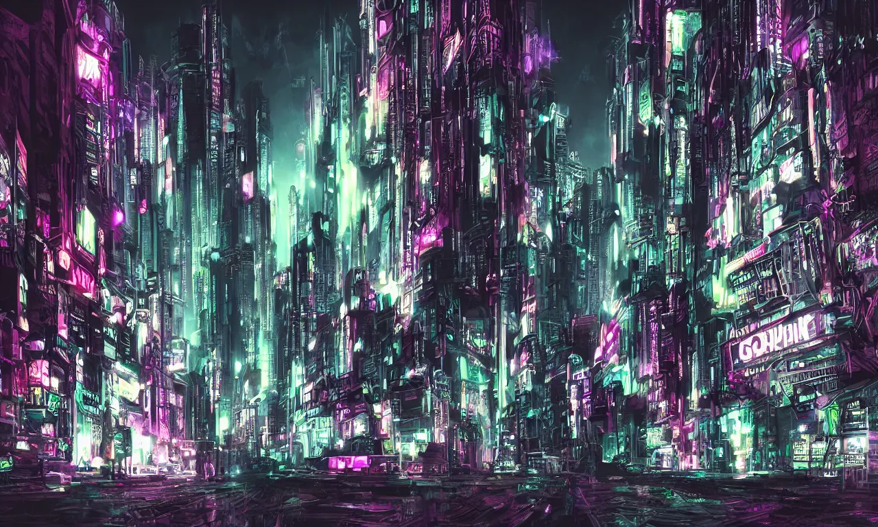 Image similar to gothic cyberpunk cityscape, neon, chrome