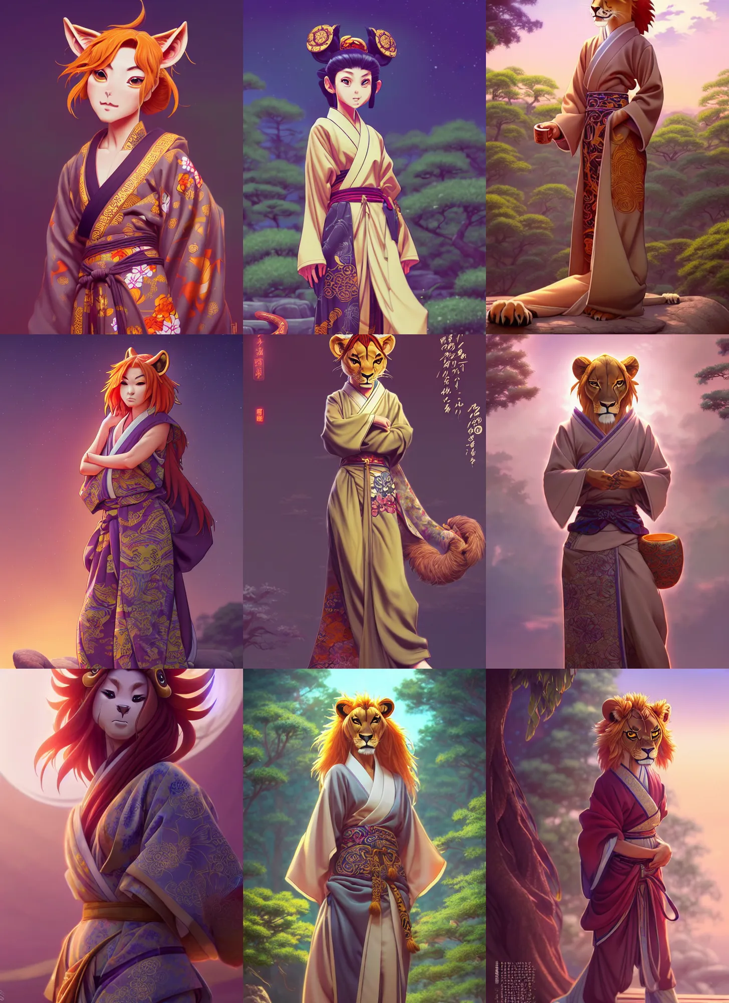 Prompt: wide angle beautiful full body portrait of a female anthropomorphic anthro lioness fursona jedi wearing a ornate yukata in a japanese zen garden. character design by disney, anime, manga, charlie bowater, ross tran, artgerm, and makoto shinkai, detailed, soft lighting, rendered in octane