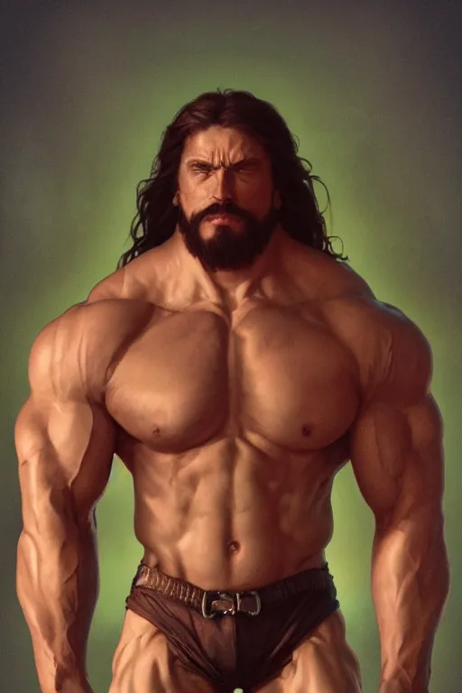 Image similar to upper body portrait of a hulking bulky swole steroids musclebound huge bodybuilder muscular herculean chiseled jesus christ, cinematic lighting, photorealistic, octane render, 8 k, depth of field, 3 d, art by artgerm and greg rutkowski and alphonse mucha and uang guangjian and gil elvgren and sachin ten