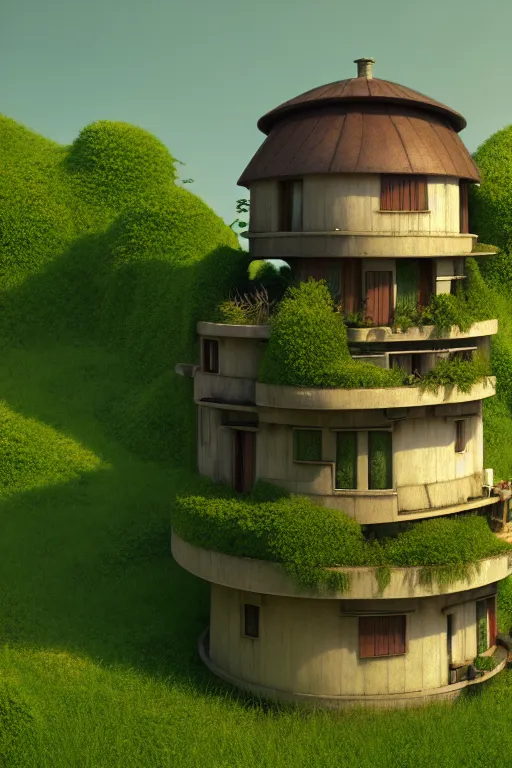 Image similar to cylindrical house, solarpunk, studio ghibli, jean - baptiste monge, octane render, 4 k