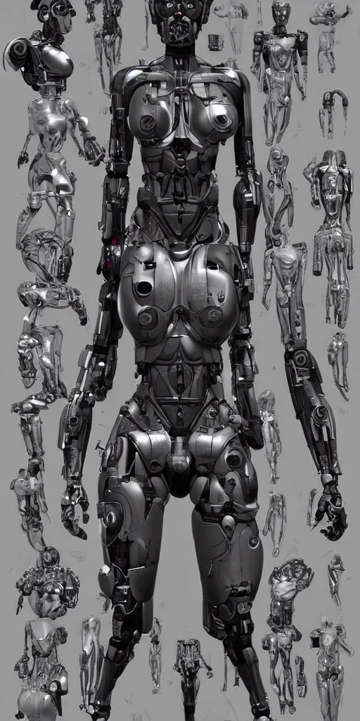 Image similar to symmetry!! cyborg female bust with cybernetic implants, gun metal grey, mecha, three - perspective / three - view reference sheet ( front / back / side ), muscles reference art, bionic, digital art, in the style of amanda lilleston, luka mivsek, bryan christie, artstation, pinterest, deviantart, photoshop, unreal engine