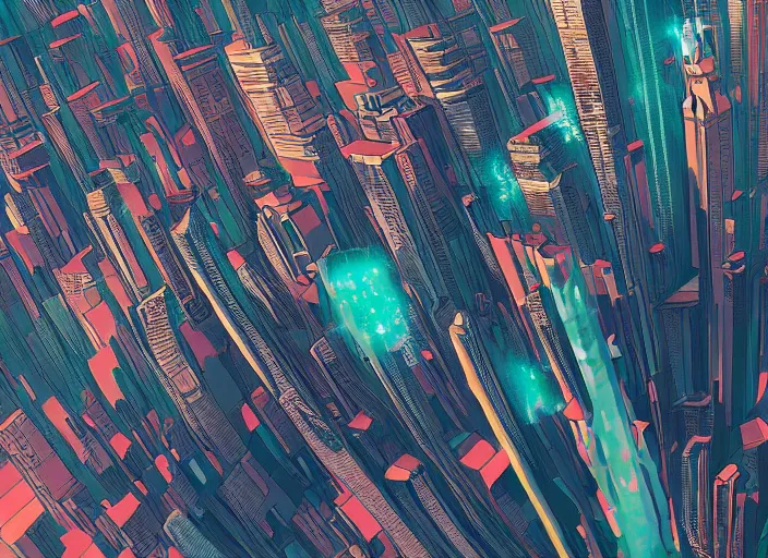 Prompt: A professional sci-fi digital painting of an art deco city viewed from the top of a skyscraper, by Alena Aenami, trending on Artstation