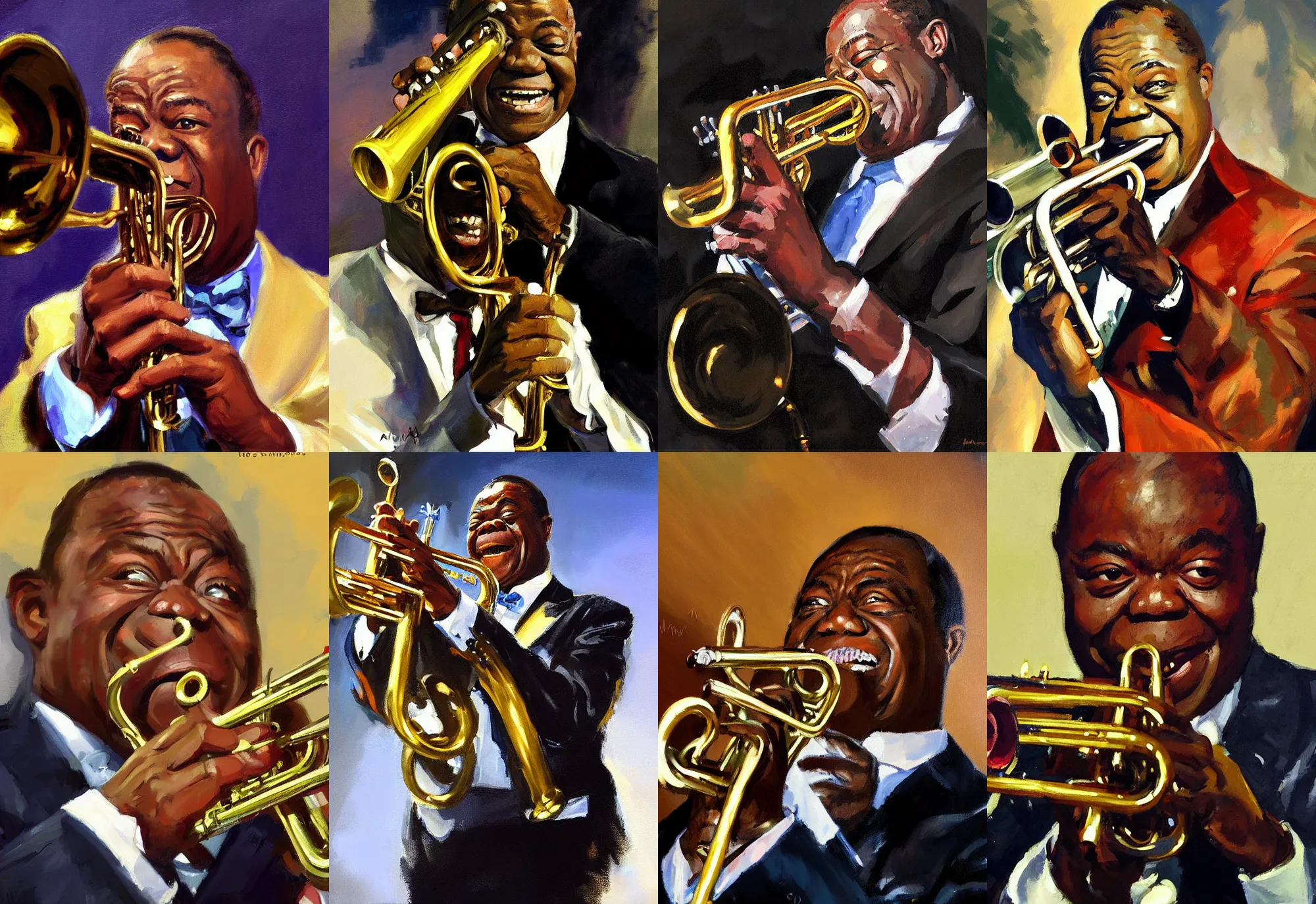 Image similar to a portrait of louis armstrong smiling, holding his trumpet, by greg manchess, dramatic lighting, highly detailed digital painting