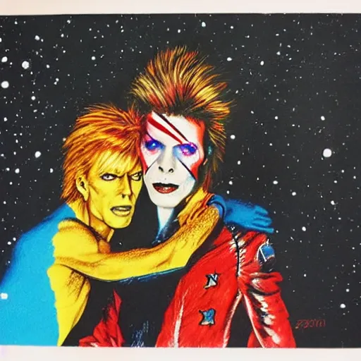 Image similar to david bowie from changes giving a piggy back ride to ziggy stardust. by basil gogos