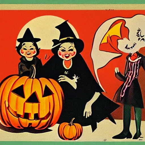 Prompt: a vintage halloween advertisement illustration from the 50s with witches and jack-o-lanterns