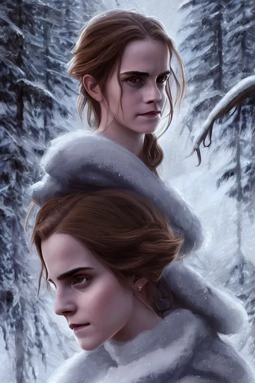 Prompt: emma watson goddess of the winter twilight, highly detailed, digital painting, artstation, concept art, smooth, sharp focus, illustration, unreal engine 5, 8 k, art by artgerm and greg rutkowski and edgar maxence