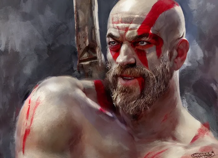 Image similar to a highly detailed beautiful portrait of j. k. simmons as kratos, by gregory manchess, james gurney, james jean