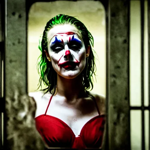 Image similar to amber heard as the joker, crying alone inside a prison cell behind bars, ultra realistic, canon 3 5 mm portrait photography, 8 k, movie still