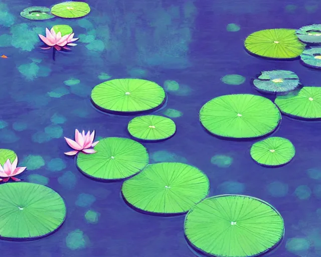 Image similar to Digital painting of koi pond, lotus flowers, dark blue water, green lily pads, goldfish, a fantasy digital painting by makoto shinkai and Alena Aenami, trending on artstation,