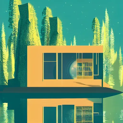 Image similar to small sci - fi cottage at the edge of a lake in the mountains, retro illustration on parchment, soft glowing windows, early evening, reflections, pine trees,