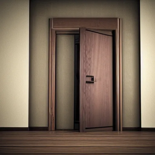 Image similar to photography, 3 d render, monster, door, wood floor