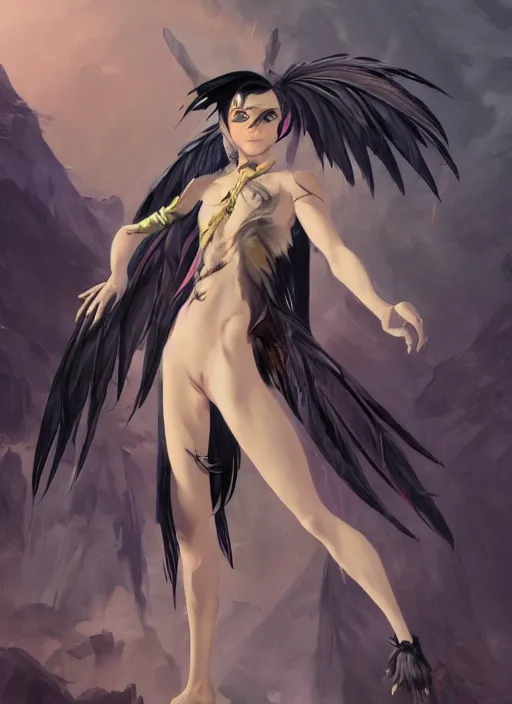 Image similar to concept art painting of a harpy bird human hybrid with black feathers, androgynous, pirate clothes, detailed, realistic, cel shaded, in the style of makoto shinkai and james gurney and alphonse mucha and greg rutkowski and artgerm