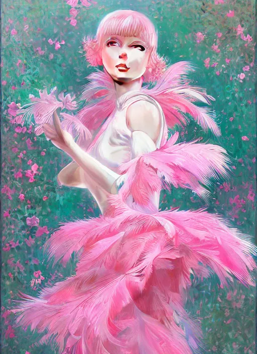 Image similar to beautiful little girl with an pink eccentric haircut wearing an dress made of feathers dancing on stage, artwork made by ilya kuvshinov, inspired in donato giancola, hd, ultra realistic, reflection, flowers, light, realistic face, bird, trending on pixiv, 8 k