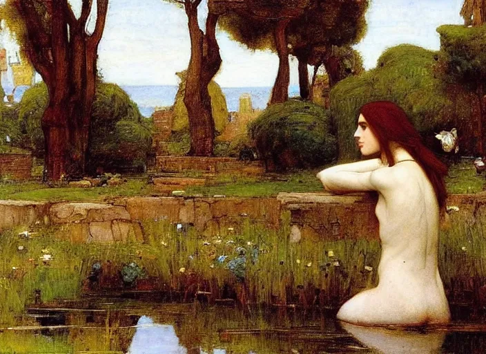 Prompt: a masterpiece painting by john william waterhouse
