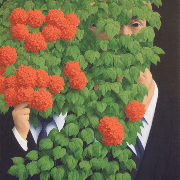 Image similar to portrait of a man, face hidden by beautiful flowers, by rene magritte, detailed painting, hd, hq, high resolution, high detail, 4 k, 8 k