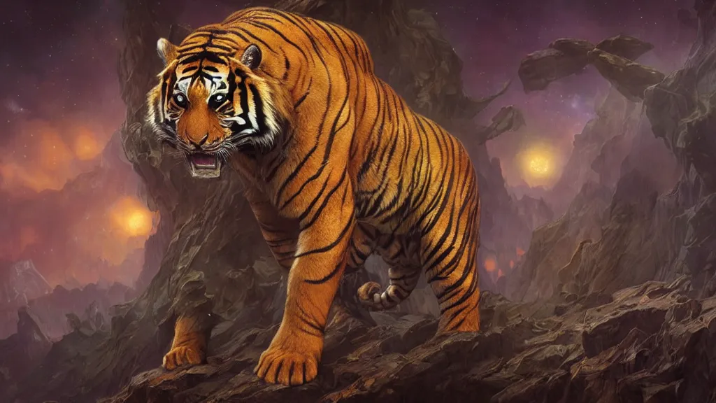 Image similar to cosmic tiger, tiger, dark, alfonso mucha, michael whelan, dalle 2, hd, intricate details, cinematic, realistic, concept artbook, artstation, video game, digital painting, digital art, unreal engine, environment, sharp, high detailed 8 k