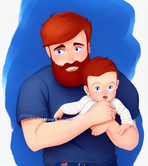 Prompt: a father with short red hair, a short red beard and blue eyes and a slightly chubby face hold his infant son with short brown hair full color digital illustration in the style of don bluth, artgerm, artstation trending, 4 k