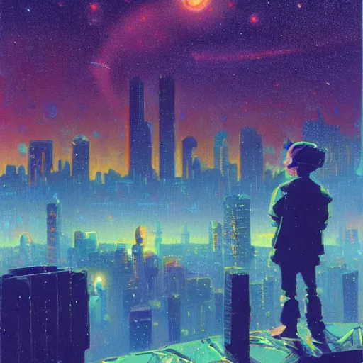 Image similar to a kid in a big city, on a rooftop, watches a beautiful night full of stars and tech buildings, from a by paul lehr