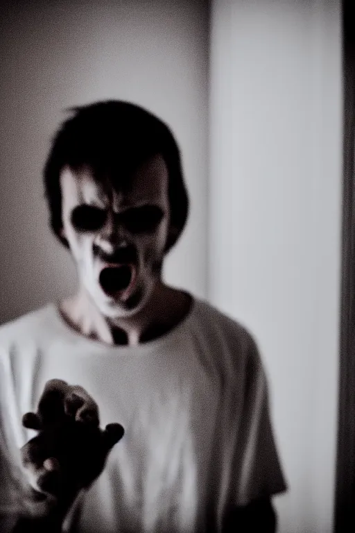 Image similar to a still shot portrait of a scary male drug addict ghost jumpscare to camera in a hotel room, horror