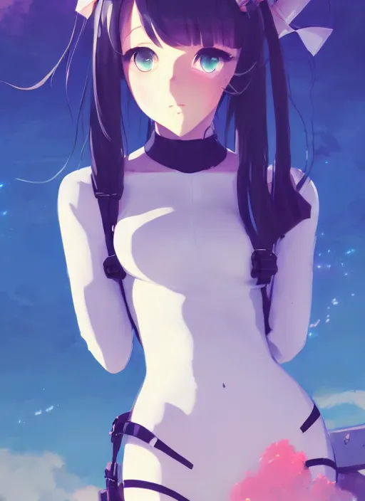 Image similar to portrait of cute girl in latex clothes, cloudy sky background lush landscape illustration concept art anime key visual trending pixiv fanbox by wlop and greg rutkowski and makoto shinkai and studio ghibli and kyoto animation