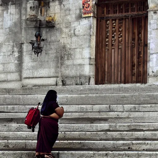 Image similar to a fat Indian woman holding a rollator on steps in Porto, greg rutkowski