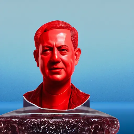 Image similar to a sculpture made out of juicy and transparent red jelly in the sea of a giant benjamin netanyahu head, long shot, hyper detailed, hyper realistic, ray tracing, 8 k resolution, sharp focus, realistic water, award winning