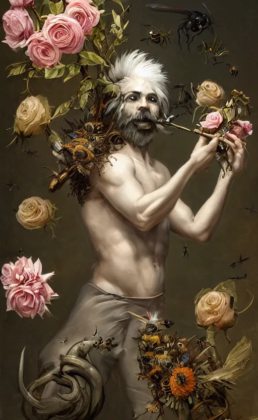 Image similar to a painting of a young bearded man holding a white rose and a stick, jester hat, small dog, a surrealist painting by marco mazzoni, peter mohrbacher, nychos, cgsociety, neo - figurative, detailed painting, rococo, bees, oil on canvas, birds seapunk, biomorphic lovecraftian