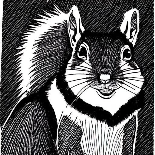 Image similar to squirrel face portrait, cute, block print, simple stylized, black ink on white paper