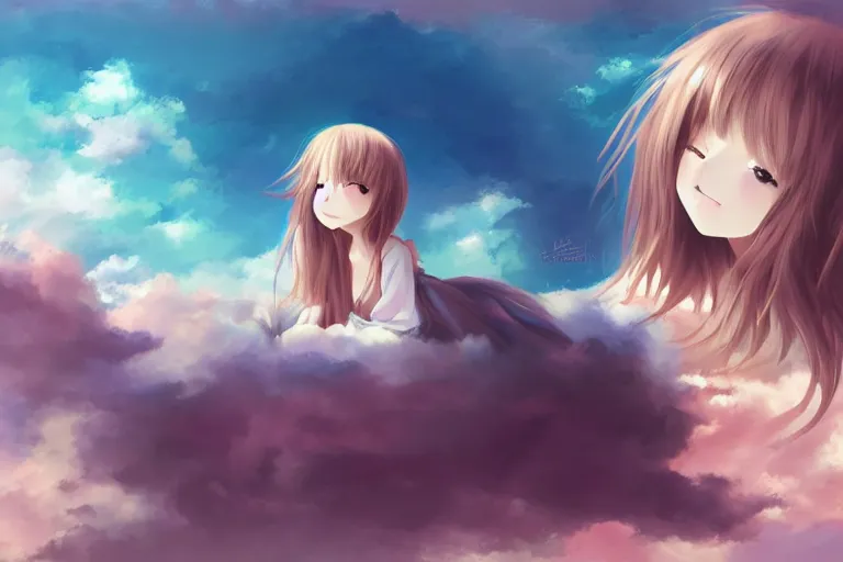 Image similar to a cute anime girl sitting on a cloud, digital painting, anime, portrait