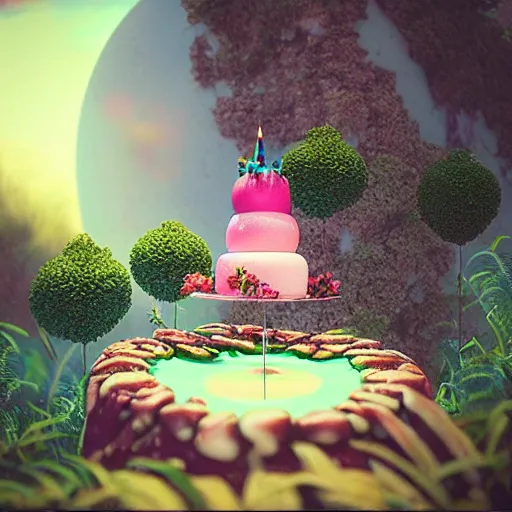 Prompt: “ a birthday cake in a lush landscape by Beeple”