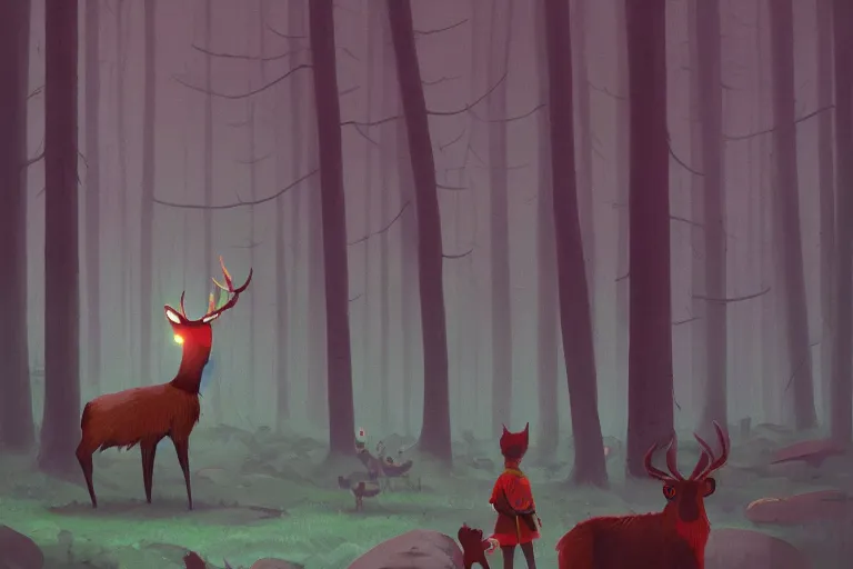 Image similar to Meeting the Forest Guardian, by Simon Stålenhag. Trending on artstation, children book illustration, spirit deer