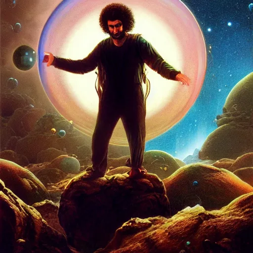 Image similar to an annoyed curly - haired persian guy programmer programming a a world bubble in the void by david a hardy, noriyoshi ohrai, gary ruddell, greg rutkowski highly detailed, cinematic composition, trending on artstation