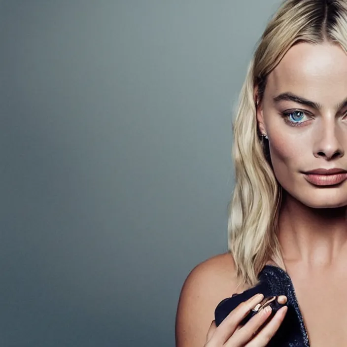 Image similar to margot robbie, holding iphone. very coherent symmetrical artwork. cinematic, high detail, octane render, 8 k, iridescent accents