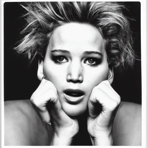 Prompt: Jennifer Lawrence tripping hard. Close-up studio portrait by Robert Mapplethorpe. Tri-x.