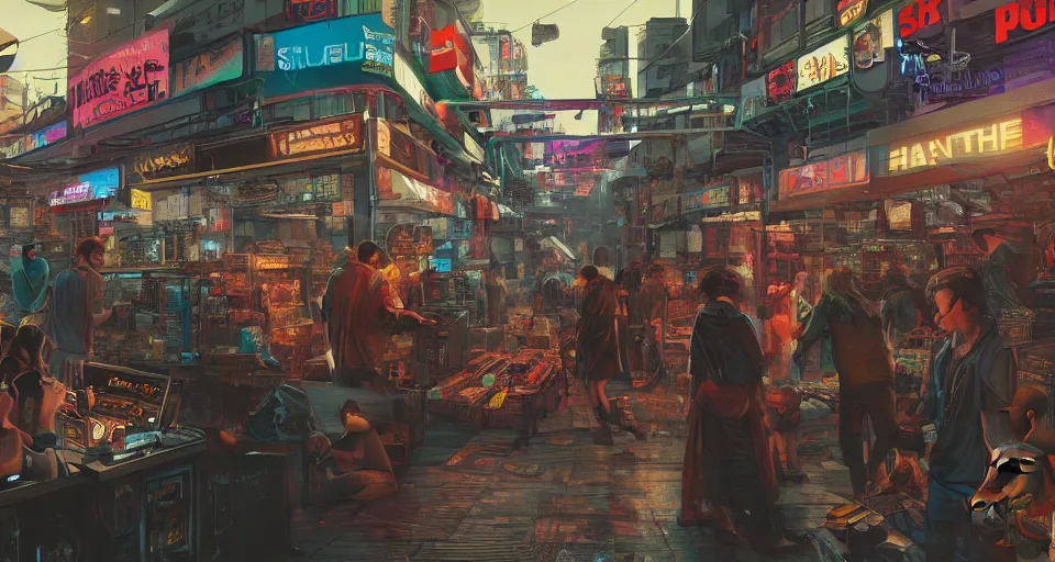 Image similar to a cyberpunk nightmarket with people and animals are shopping in the nightmarket with gun shops, pawn shops, computer shops, electric shops around the year 2 0 3 0, cinematic, magic world, hyper detailed, trending on artstation