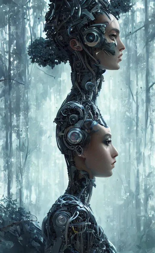 Image similar to a cyborg forest nymph, ana de armas, flawless symmetrical pretty cute face, greg rutkowski, 8 k, shallow depth of field, intricate detail, concept art,