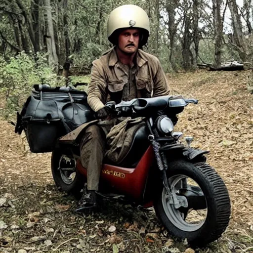Prompt: rambo from first blood on a scooter