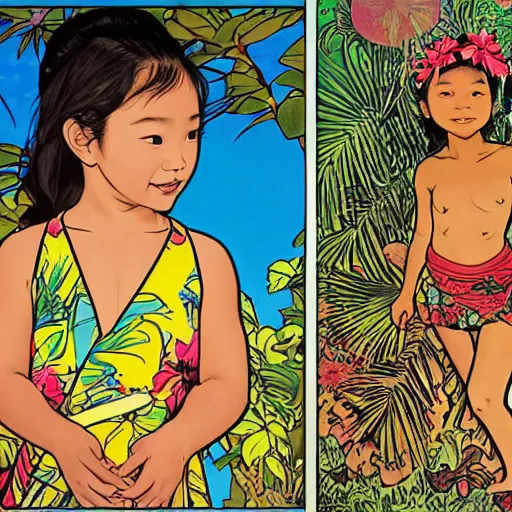 Prompt: a five - year - old hapa girl, wearing a hawaiian dress, dancing on a tropical beach, portrait, wide shot, midday light, bright colors, illustration, pop art, splash painting, graphic novel, art by geof darrow, ashley wood, alphonse mucha