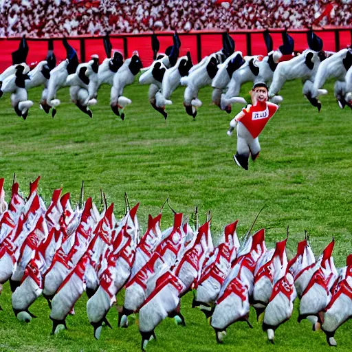 Prompt: screaming kim jong un dolls running through pamplona spain