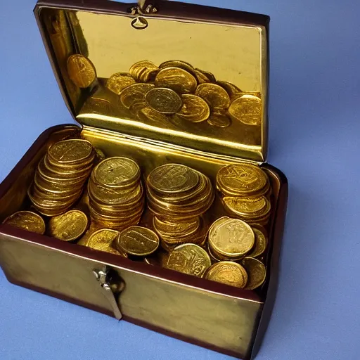 Prompt: a treasure chest full of gold coins and gems