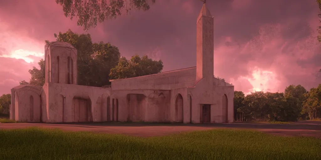 Image similar to abandoned green smooth concrete islamic church, surrounded by lush green forest and red ponds of water, stunning volumetric lighting, sundown, stunning skies, trending on Artstation, 8k, photorealistic, hyper detailed, unreal engine 5, IMAX quality, cinematic, epic lighting, cryengine, octane render, gloomy, foggy, dark