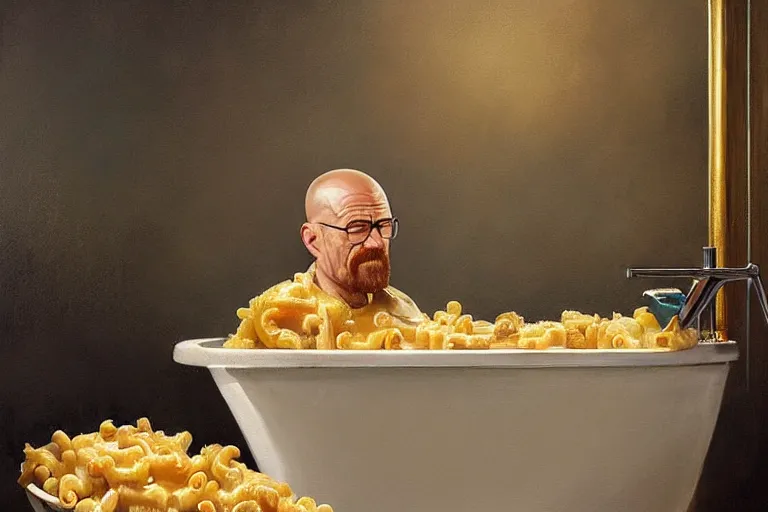 Image similar to portrait of walter white sitting in a bathtub full of mac and cheese, an oil painting by ross tran and thomas kincade