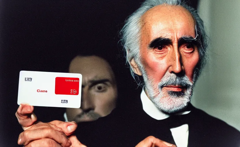 Image similar to movie still close-up portrait of Christopher Lee as a Victorian inventor proudly holding a small red plastic card with holes punched in it, by David Bailey, Cinestill 800t 50mm eastmancolor, heavy grainy picture, very detailed, high quality, 4k, HD criterion, precise texture and facial expression