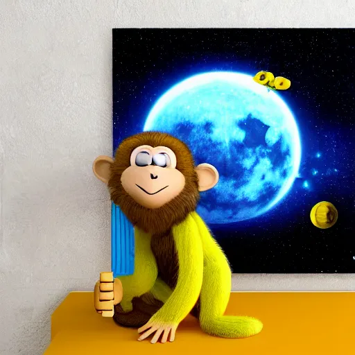 Image similar to a giant monkey eating a banana in the moon, space, night, realistic, fur, star wars style, neon, laser