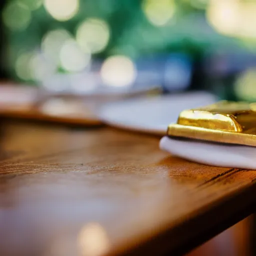 Image similar to a solid gold bar on a cafe table on a sunny day, f / 1. 9 6. 8 1 mm iso 4 0