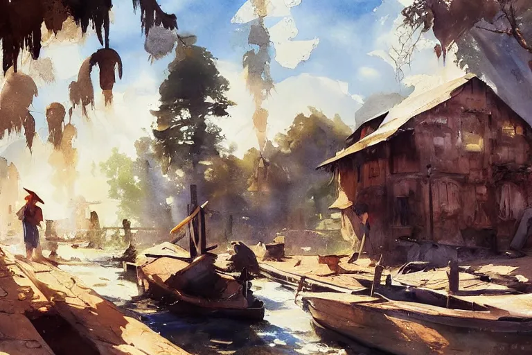 Prompt: paint brush strokes, abstract watercolor painting of rustic village at midday, ambient lighting, art by hans dahl, by jesper ejsing, art by anders zorn, wonderful masterpiece by greg rutkowski, cinematic light, american romanticism by greg manchess, creation by tyler edlin