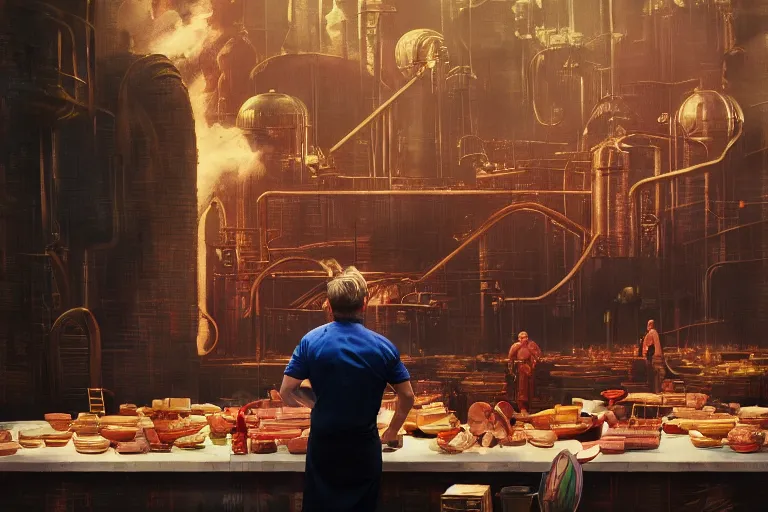 Prompt: A mixed media painting of gordon ramsay inspecting willy-wonka\'s chocolate factory on kitchen nightmares, by Frank Frazetta, Greg Rutkowski, Beeple, post-processing, low angle, masterpiece, cinematic, isometric, volumetric lighting