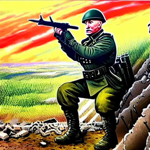 Image similar to Putin is sitting in the trenches and defending himself from Ukrainian troops, Retro futuristic painting style