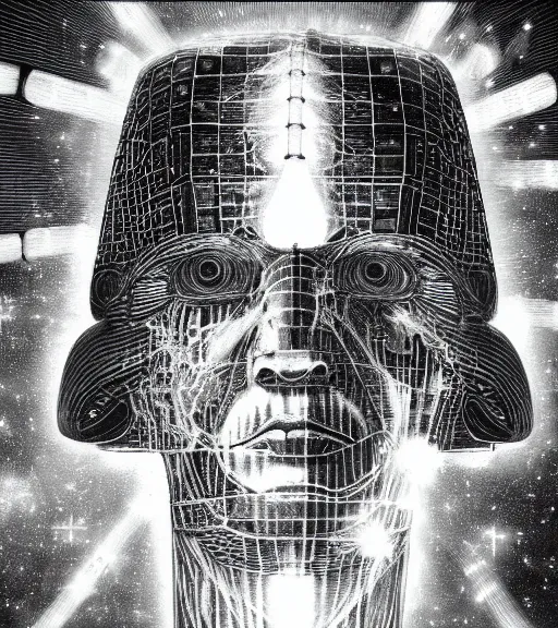 Image similar to profile picture of locutus of borg, surrounded by beams of light dark background by wayne barlow, stanley donwood, anton semenov, zdzislaw bekinski, hr giger, 8 k, fantasy, dark, highly detailed