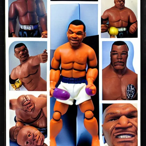 Image similar to mike tyson action figure on acid, detailed facial expressions, 1 9 8 0 s aesthetic